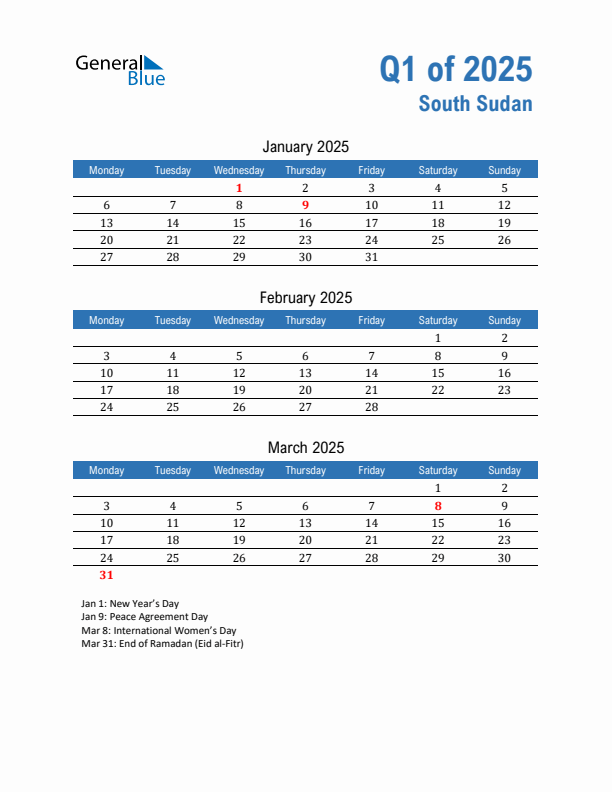 South Sudan 2025 Quarterly Calendar with Monday Start