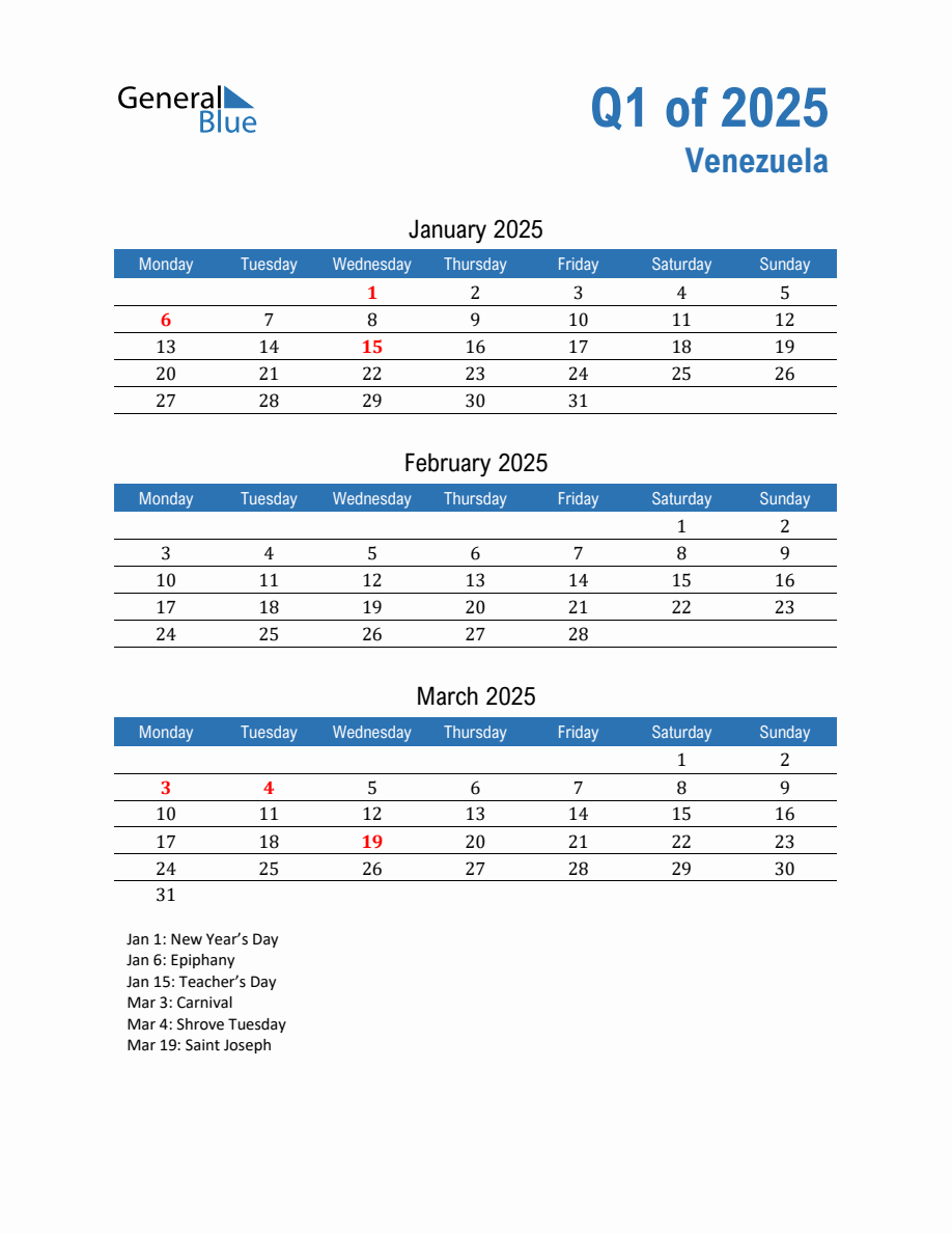 Venezuela 2025 Quarterly Calendar with Monday Start