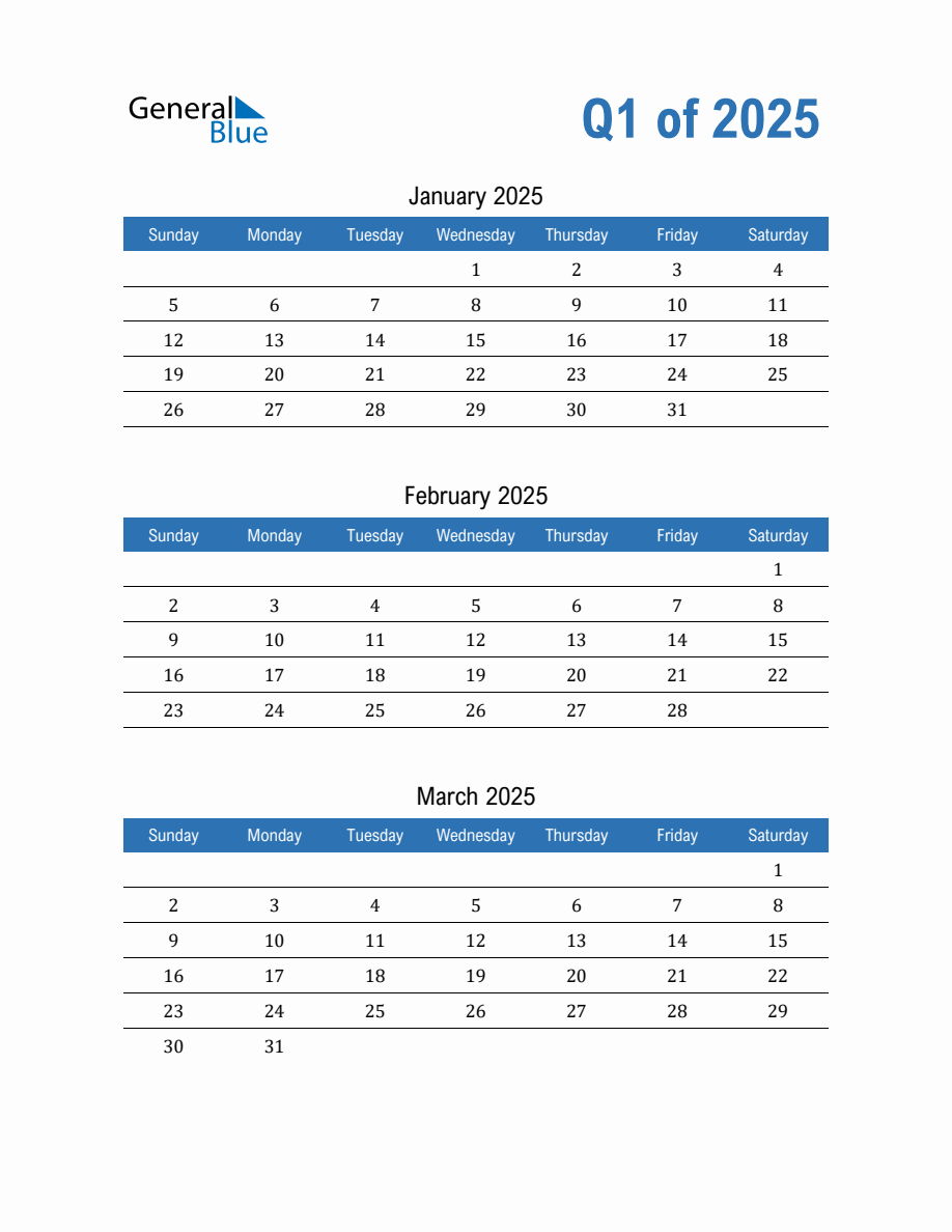 Blank Fillable Quarterly Calendar for Q1 2025 (PDF, Word, Excel)