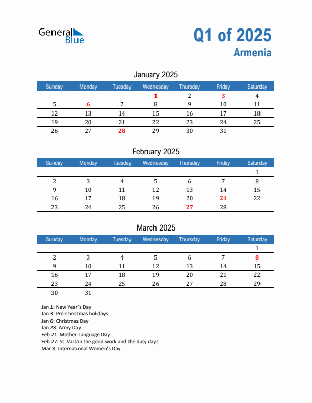 Armenia 2025 Quarterly Calendar with Sunday Start
