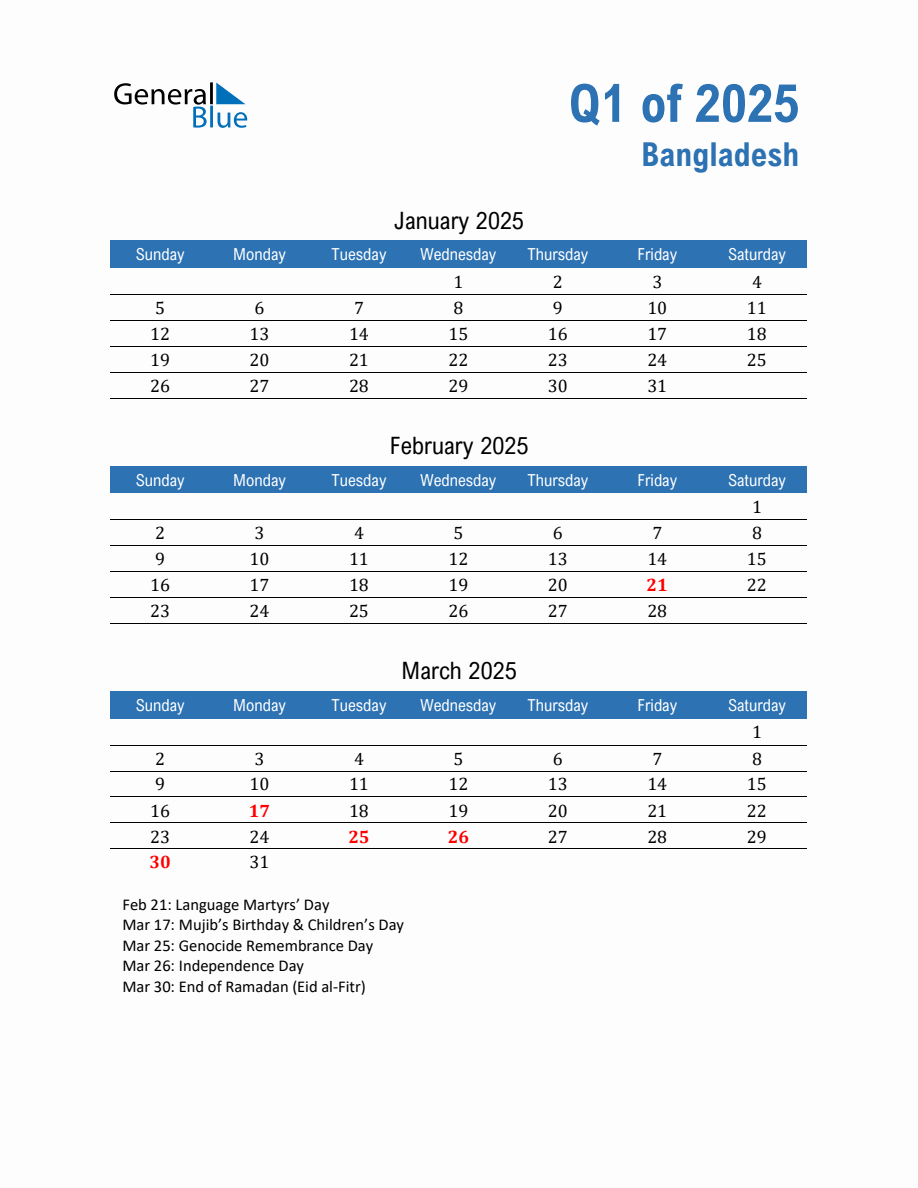Bangladesh 2025 Quarterly Calendar with Sunday Start