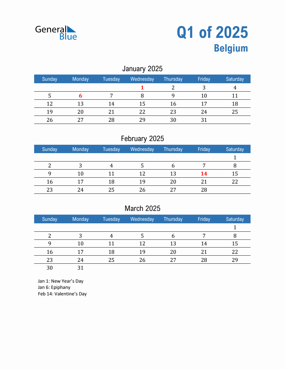 Belgium 2025 Quarterly Calendar with Sunday Start