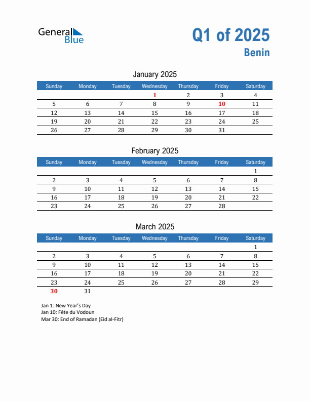 Benin 2025 Quarterly Calendar with Sunday Start