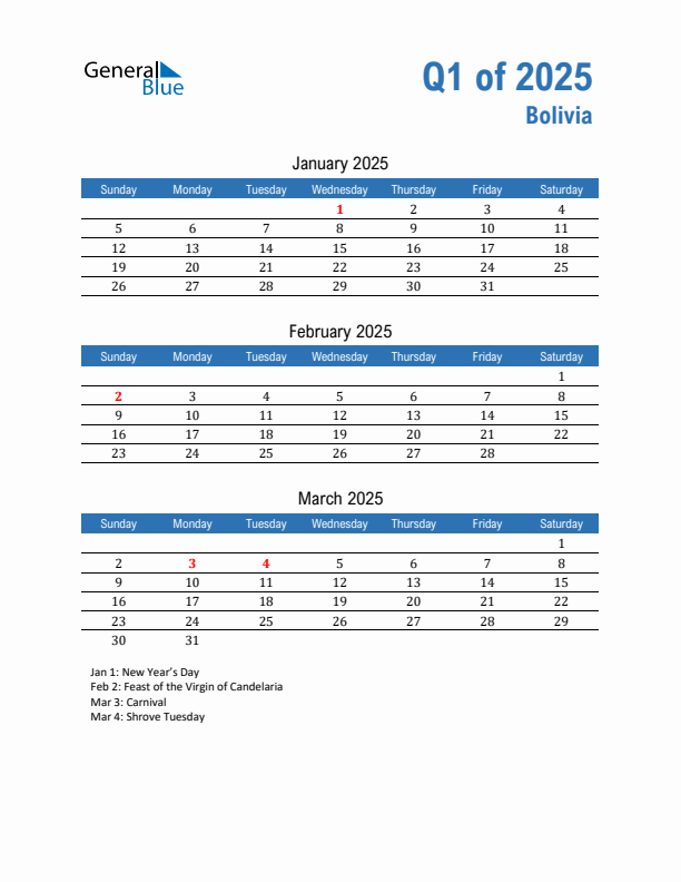 Bolivia 2025 Quarterly Calendar with Sunday Start