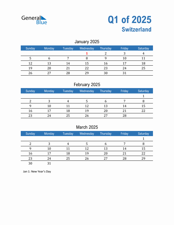 Switzerland 2025 Quarterly Calendar with Sunday Start