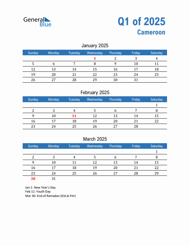Cameroon 2025 Quarterly Calendar with Sunday Start