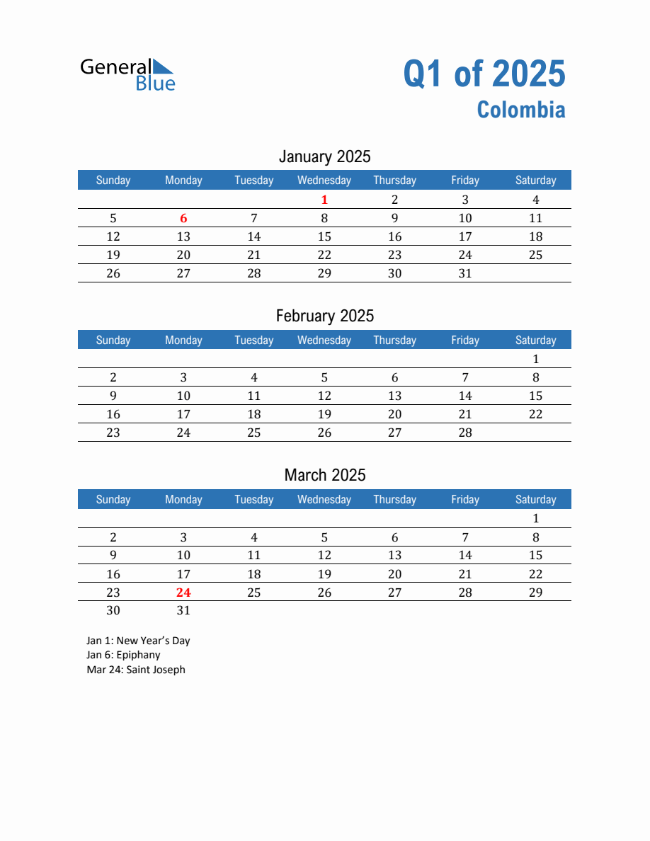 Colombia 2025 Quarterly Calendar with Sunday Start