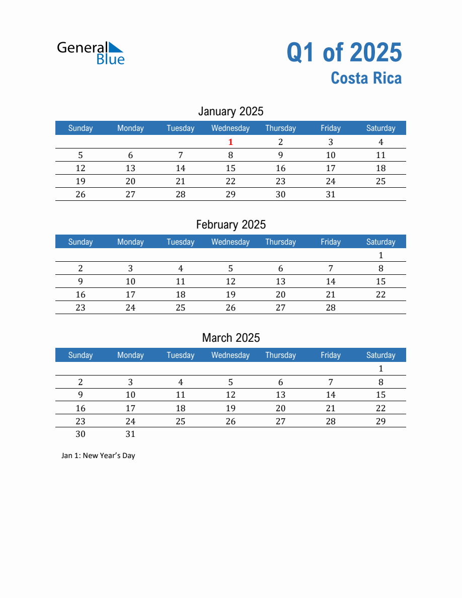 costa-rica-2025-quarterly-calendar-with-sunday-start
