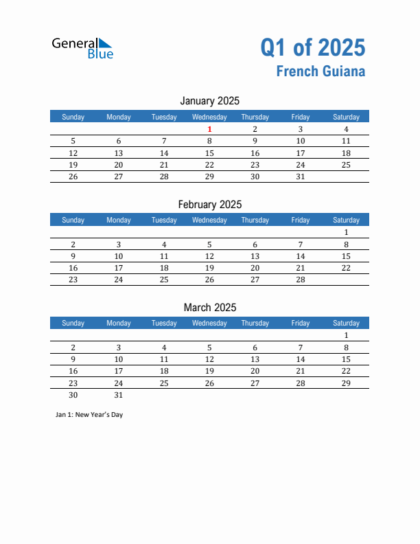 French Guiana 2025 Quarterly Calendar with Sunday Start