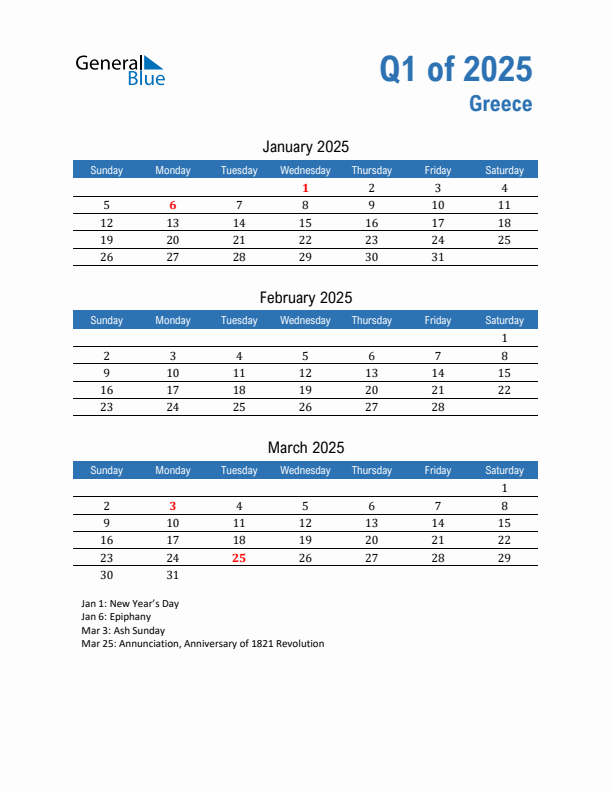 Greece 2025 Quarterly Calendar with Sunday Start