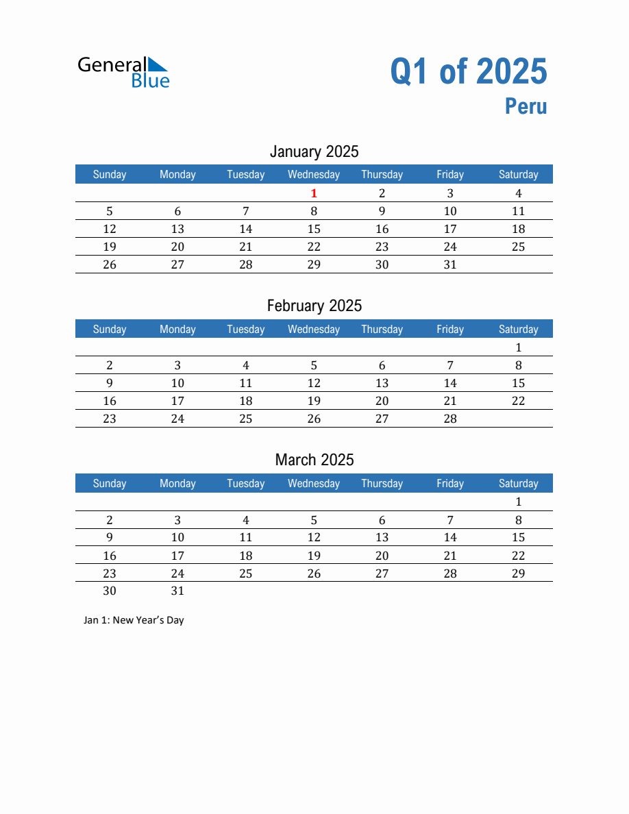 Peru 2025 Quarterly Calendar with Sunday Start