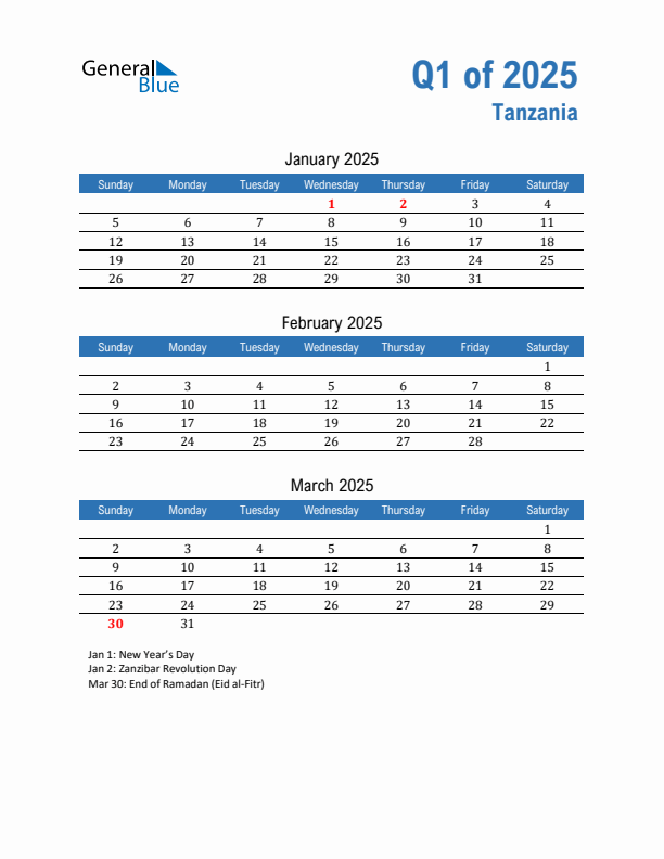 Tanzania 2025 Quarterly Calendar with Sunday Start