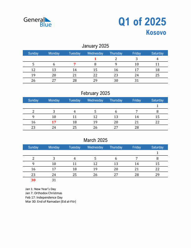 Kosovo 2025 Quarterly Calendar with Sunday Start