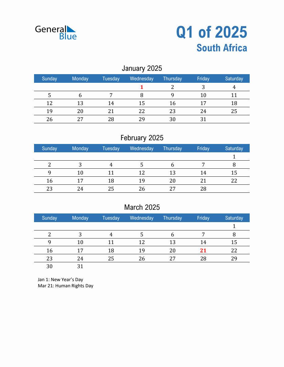 South Africa 2025 Quarterly Calendar with Sunday Start