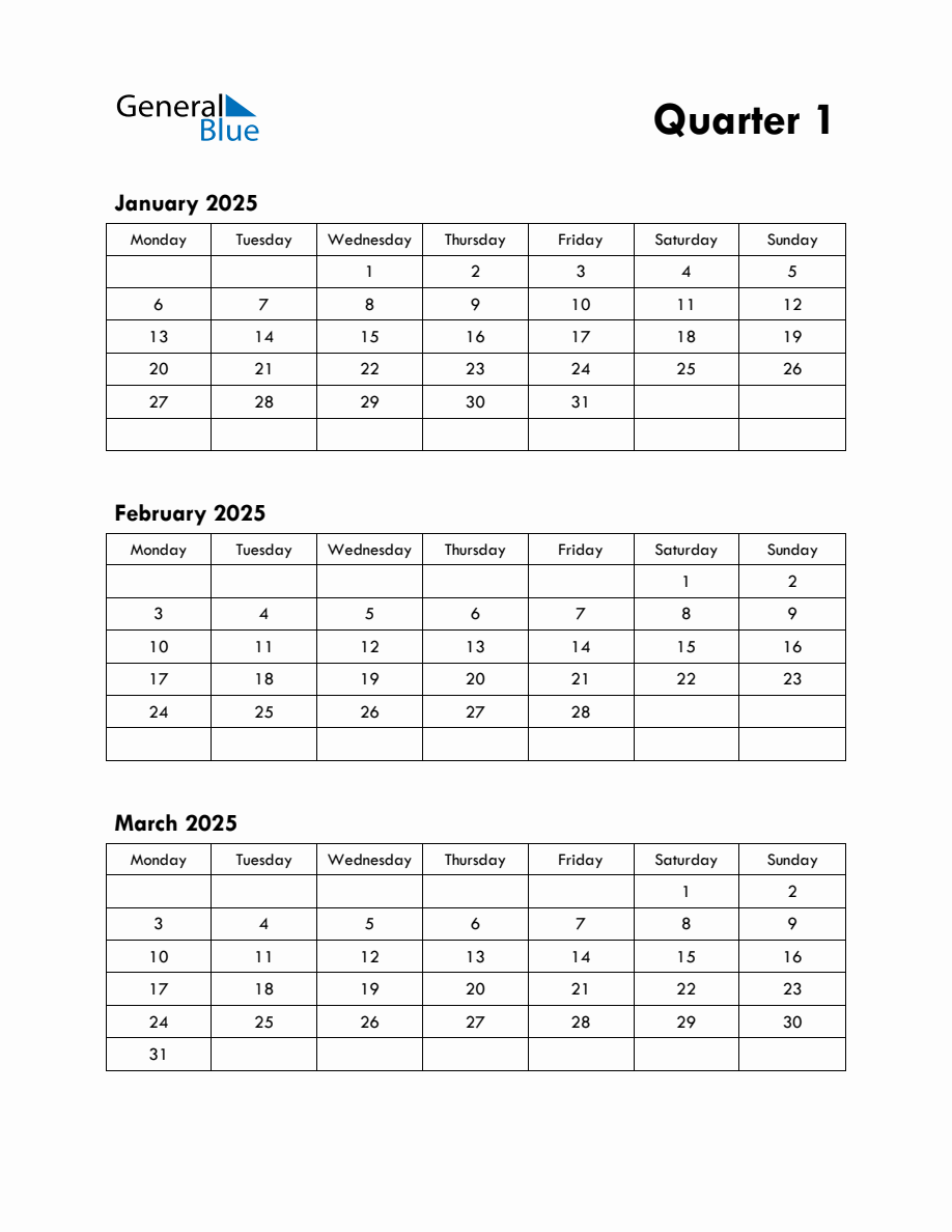 Quarter 1 2025 Calendar with Monday Start