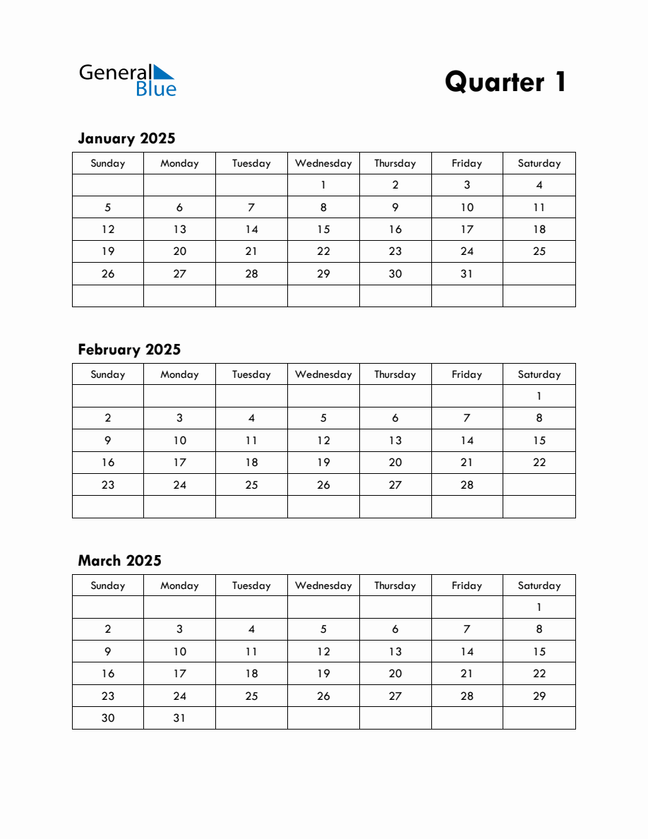 Quarter 1 2025 Calendar with Sunday Start