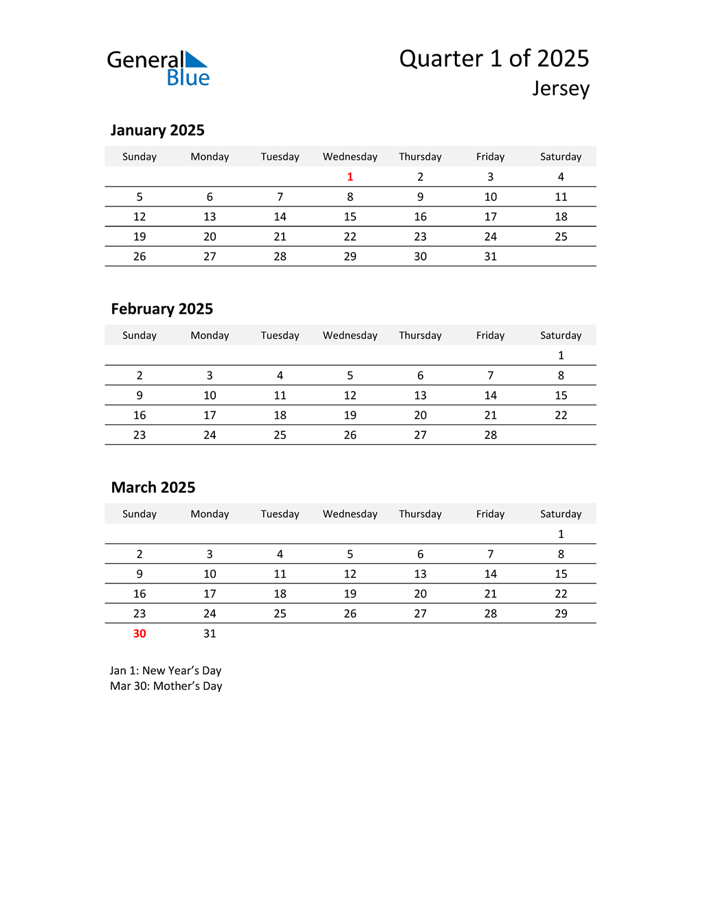  2025 Three-Month Calendar for Jersey