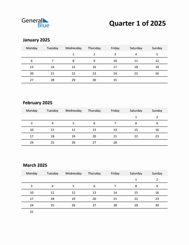 2025 Three-Month Calendar (Quarter 1)