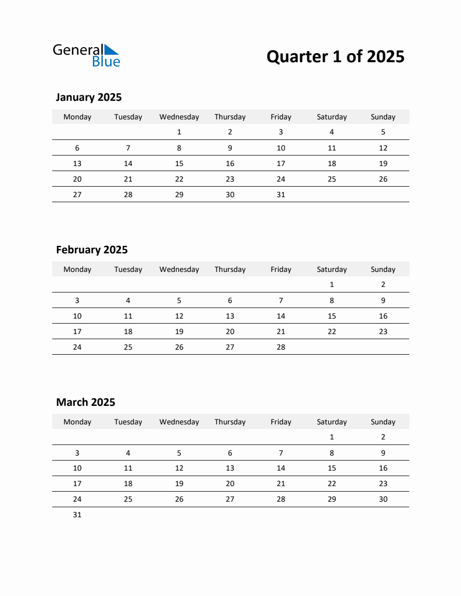 2025 Q1 ThreeMonth Calendar (January, February, and March)