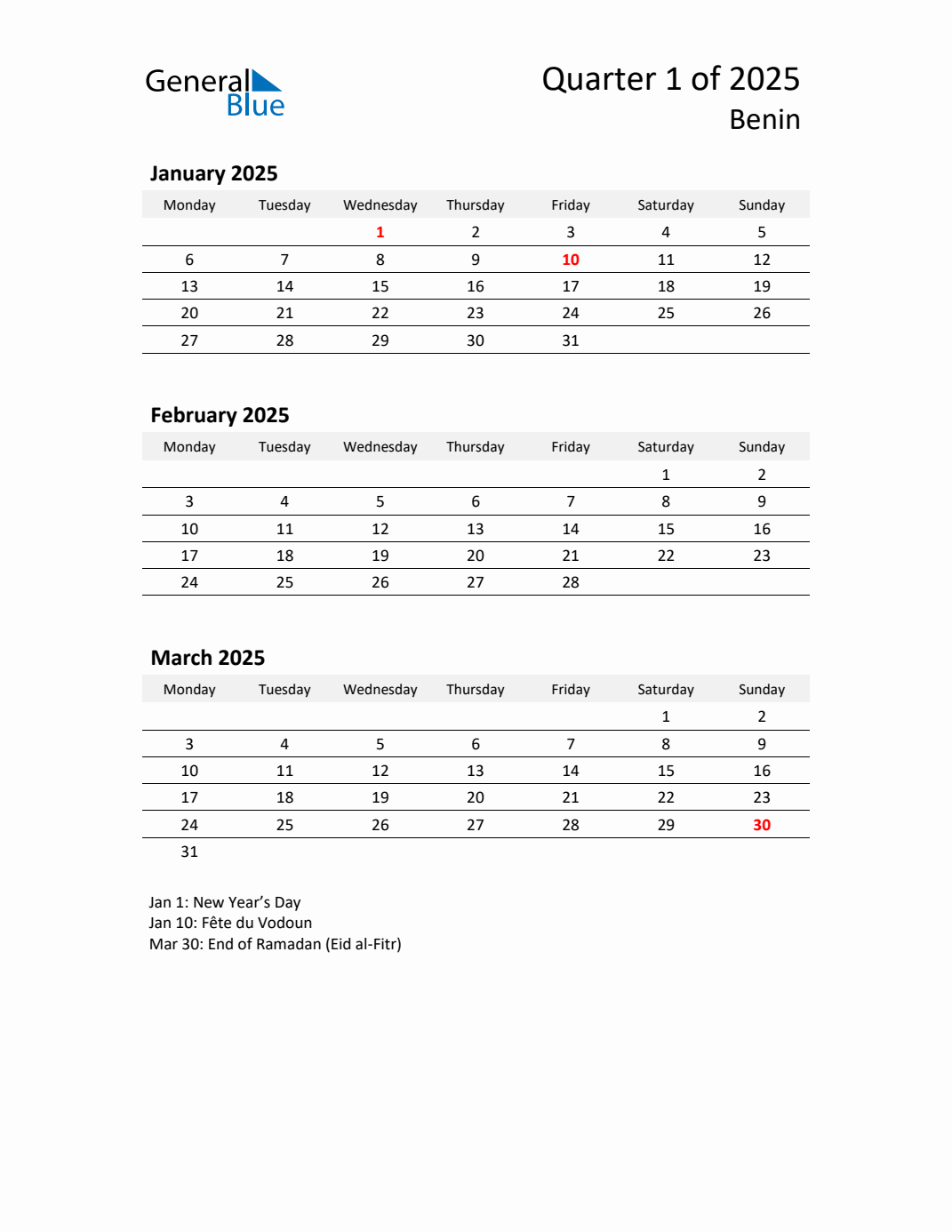 Threemonth calendar for Benin Q1 of 2025