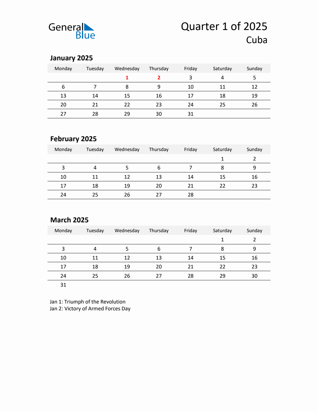 Threemonth calendar for Cuba Q1 of 2025