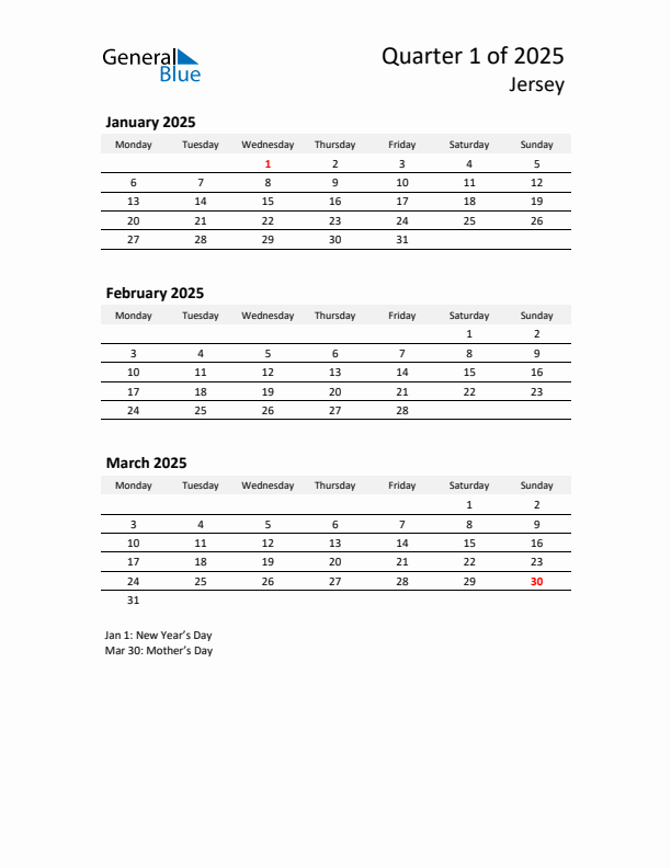 2025 Three-Month Calendar for Jersey