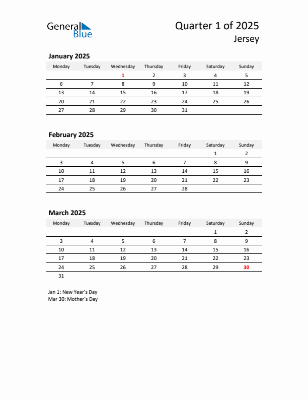 Threemonth calendar for Jersey Q1 of 2025