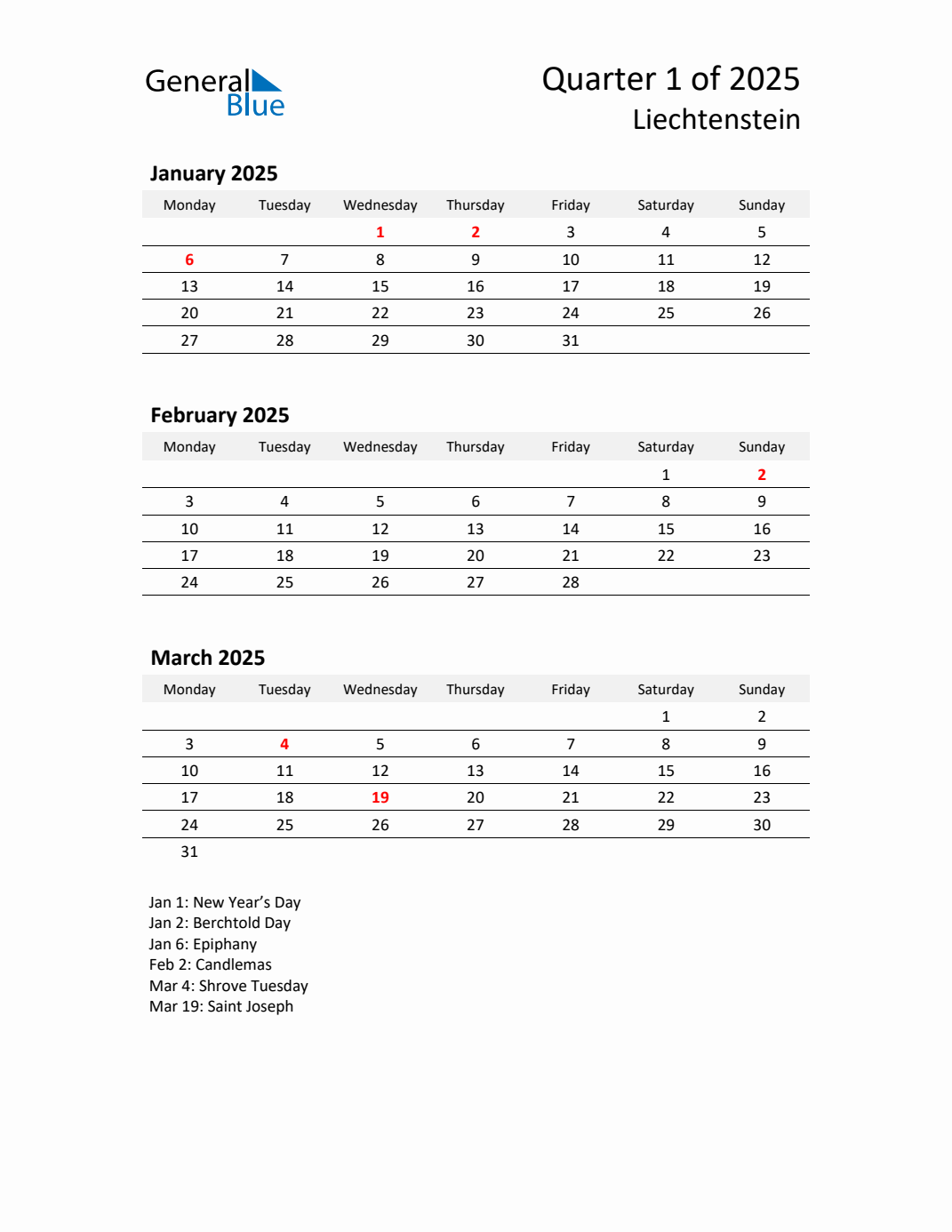 Q1 2025 Monday Start Quarterly Calendar with Liechtenstein Holidays