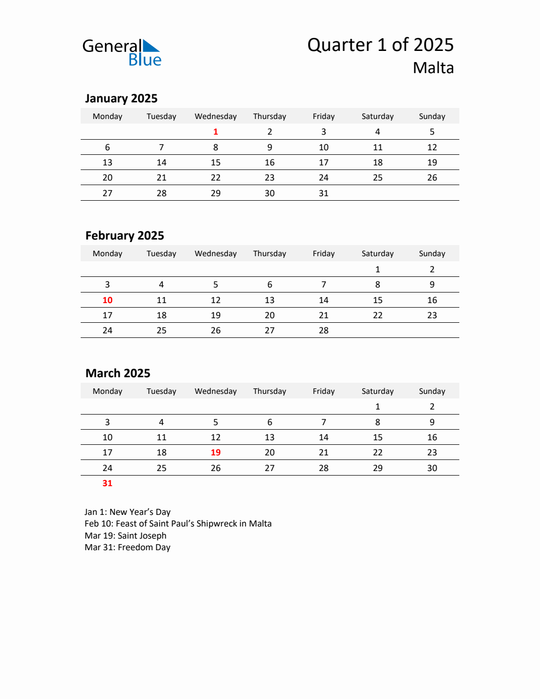 Q1 2025 Monday Start Quarterly Calendar with Malta Holidays