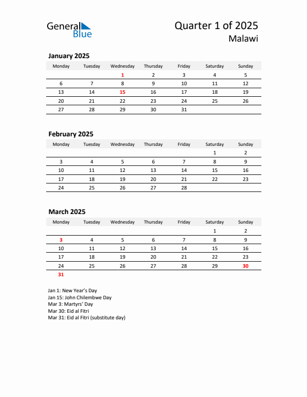 2025 Three-Month Calendar for Malawi