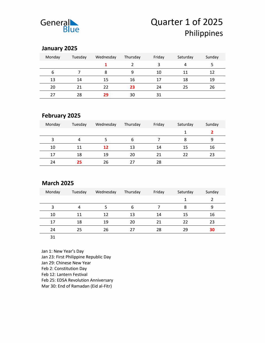 Q1 2025 Monday Start Quarterly Calendar with Philippines Holidays