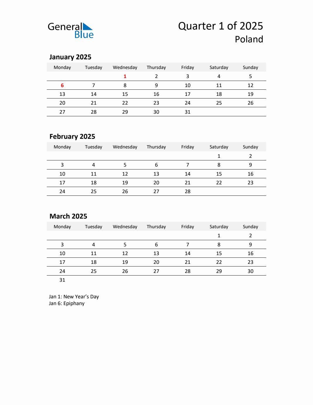 Threemonth calendar for Poland Q1 of 2025