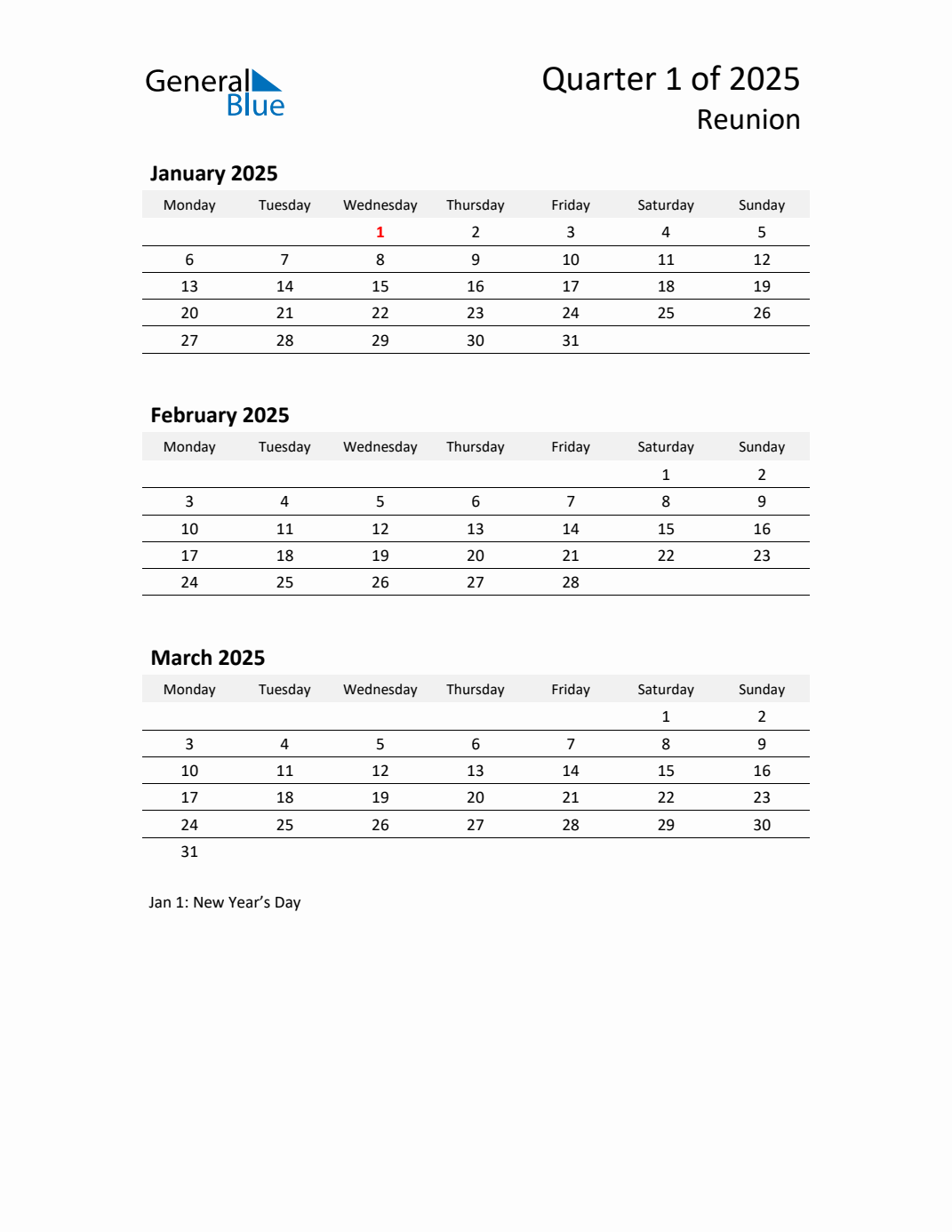 Threemonth calendar for Reunion Q1 of 2025