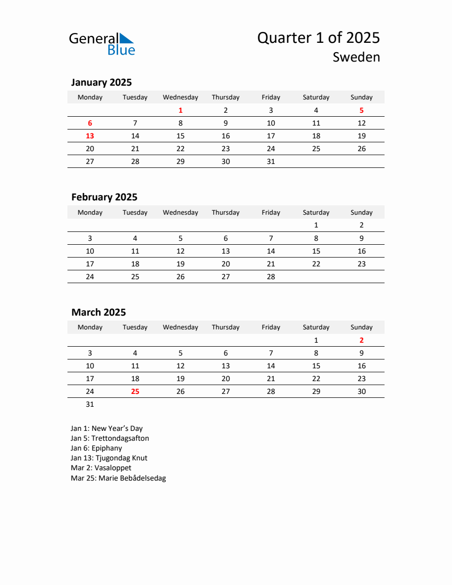 2025 ThreeMonth Calendar for Sweden