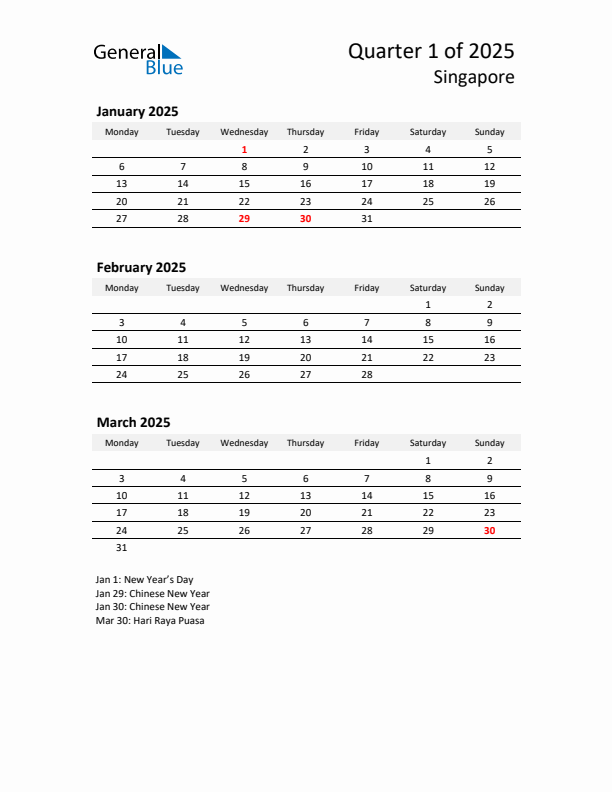 2025 Three-Month Calendar for Singapore