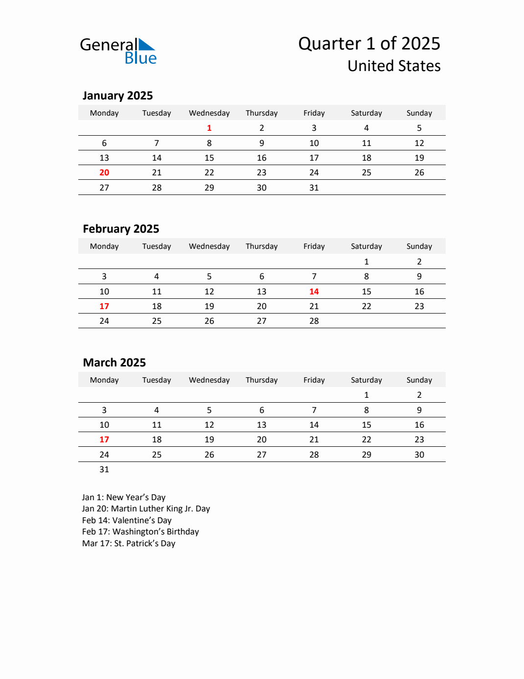 Q1 2025 Monday Start Quarterly Calendar with United States Holidays