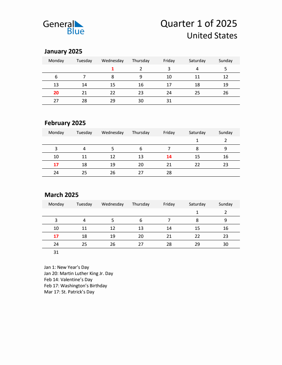 2025 ThreeMonth Calendar for United States