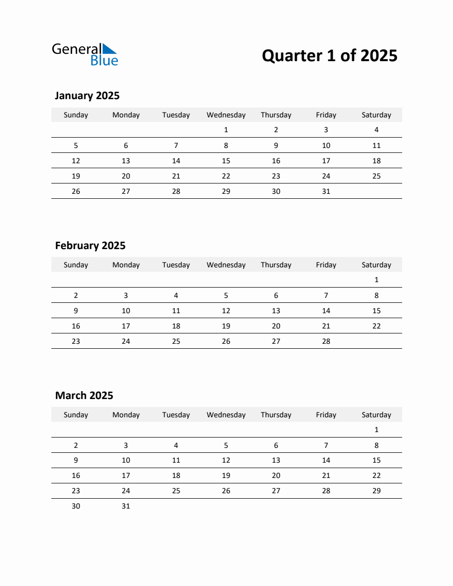 2025 Q1 ThreeMonth Calendar (January, February, and March)