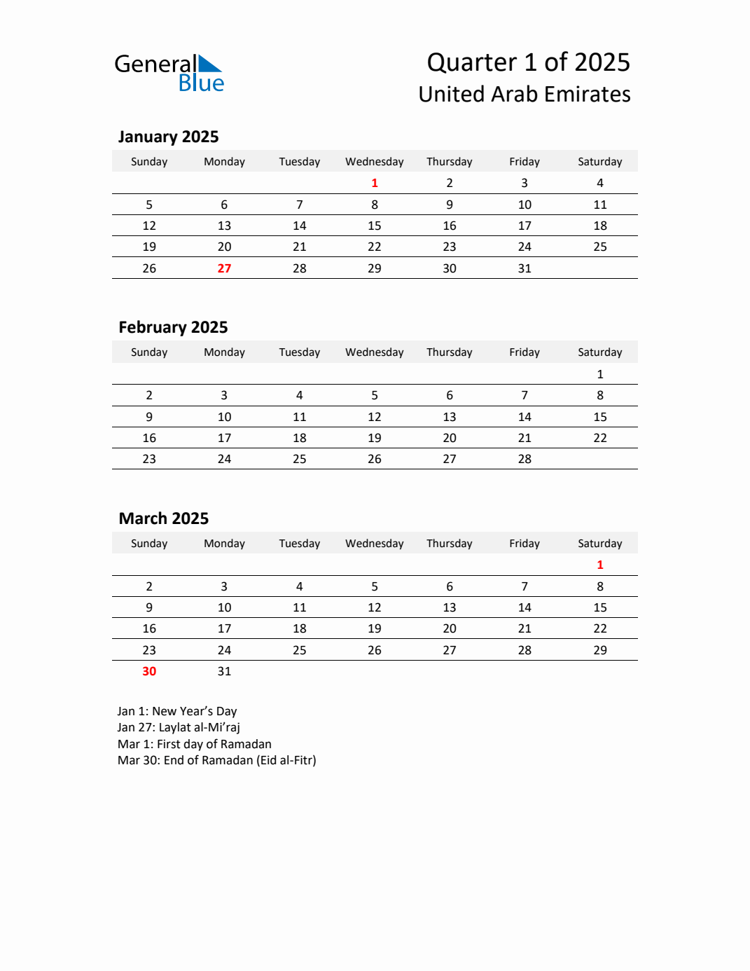 Q1 2025 Quarterly Calendar with United Arab Emirates Holidays