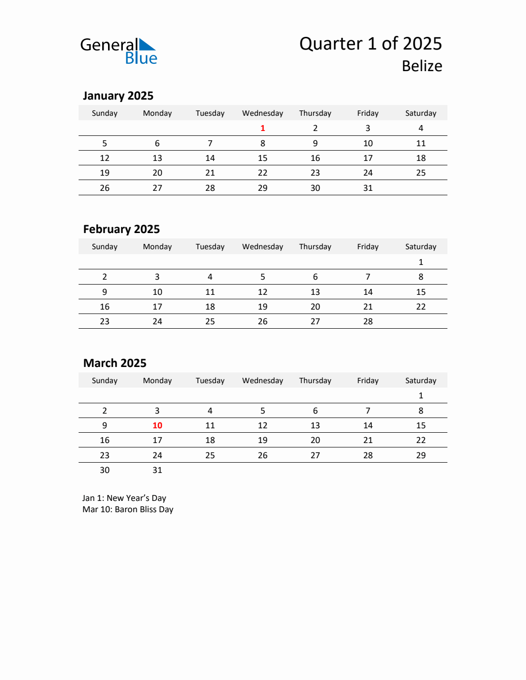 Q1 2025 Quarterly Calendar with Belize Holidays (PDF, Excel, Word)