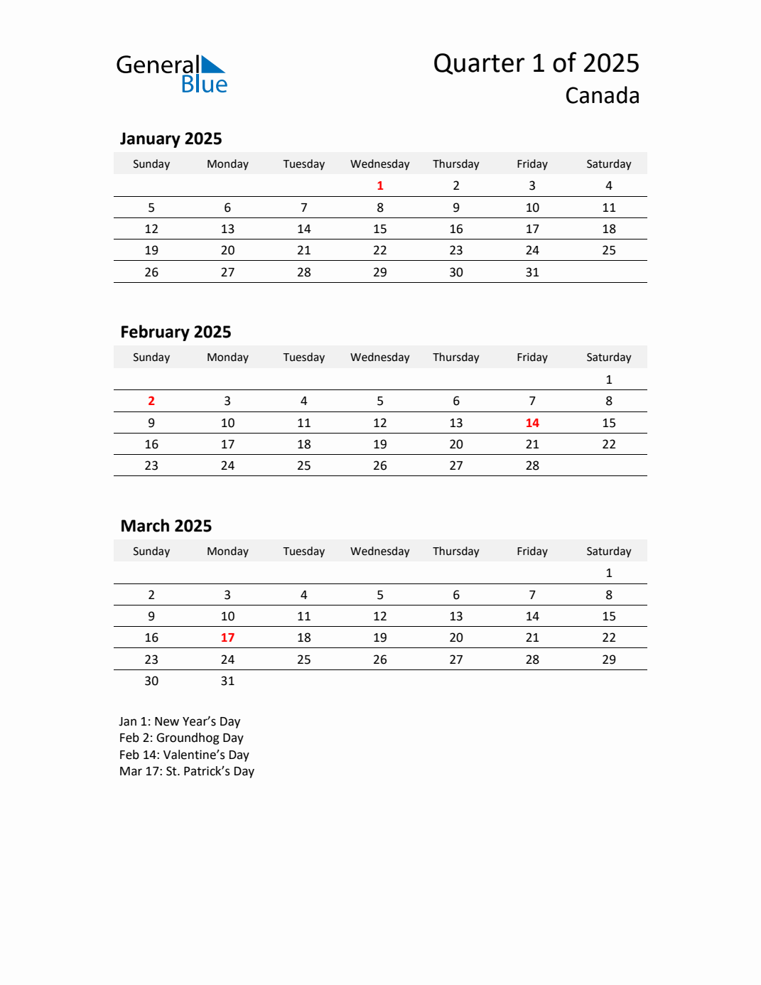 Q1 2025 Quarterly Calendar with Canada Holidays (PDF, Excel, Word)