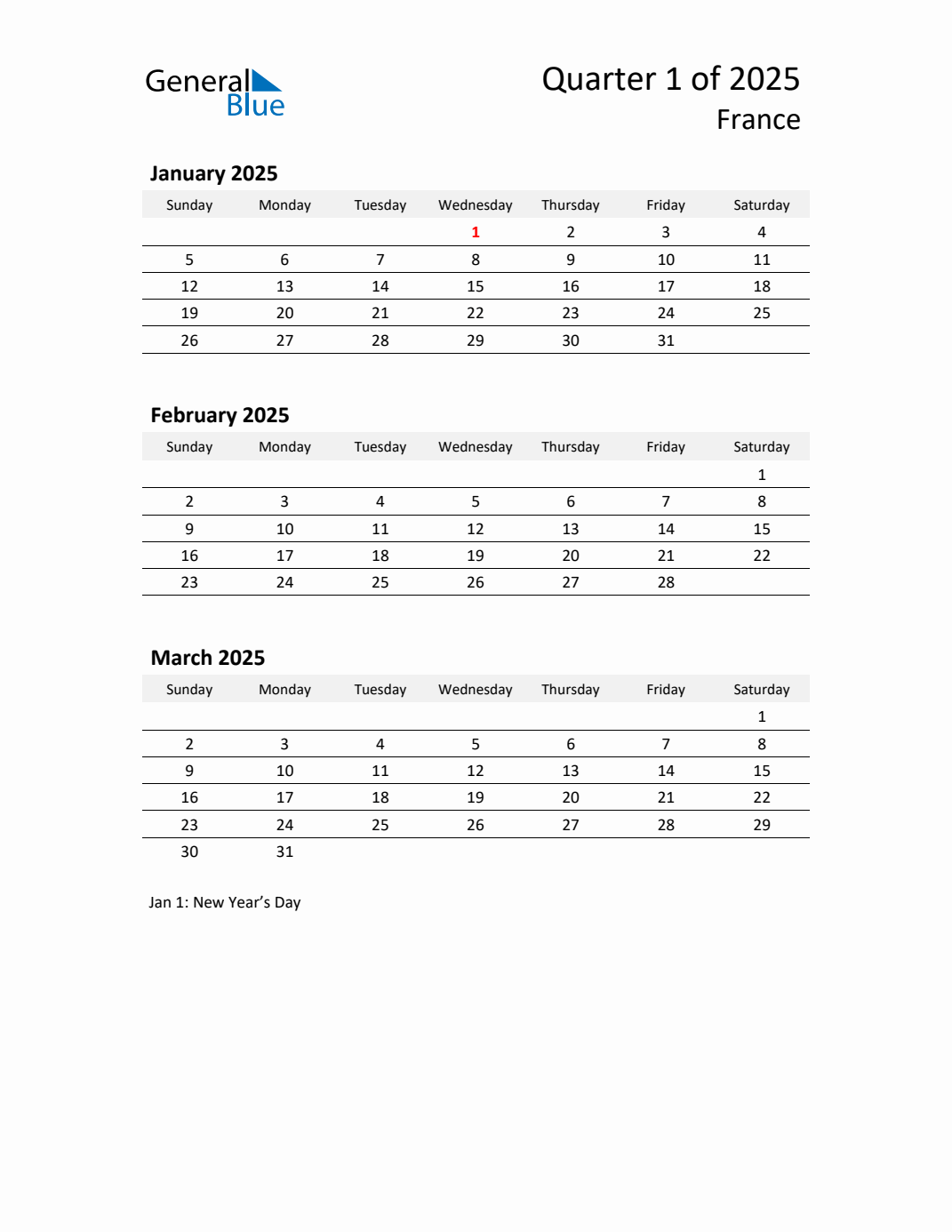 Q1 2025 Quarterly Calendar with France Holidays