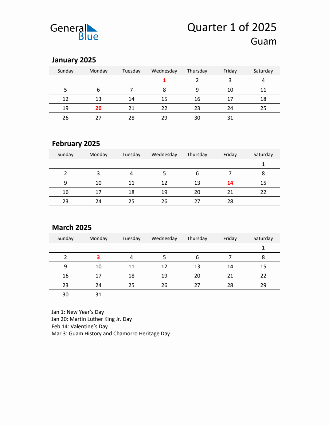 Q1 2025 Quarterly Calendar with Guam Holidays