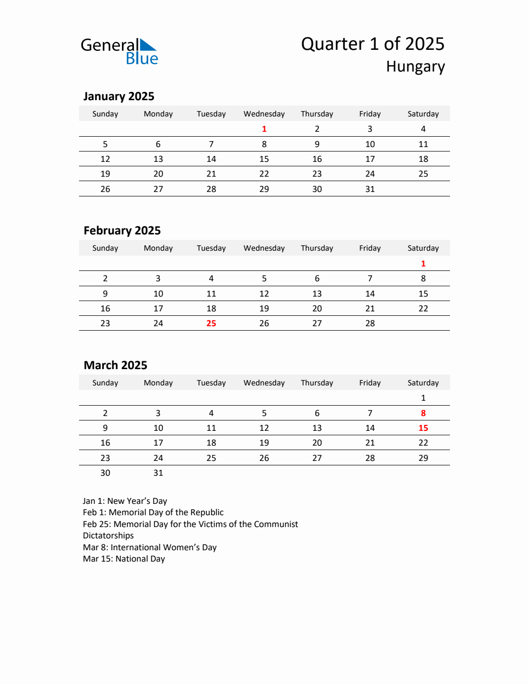 Q1 2025 Quarterly Calendar with Hungary Holidays (PDF, Excel, Word)