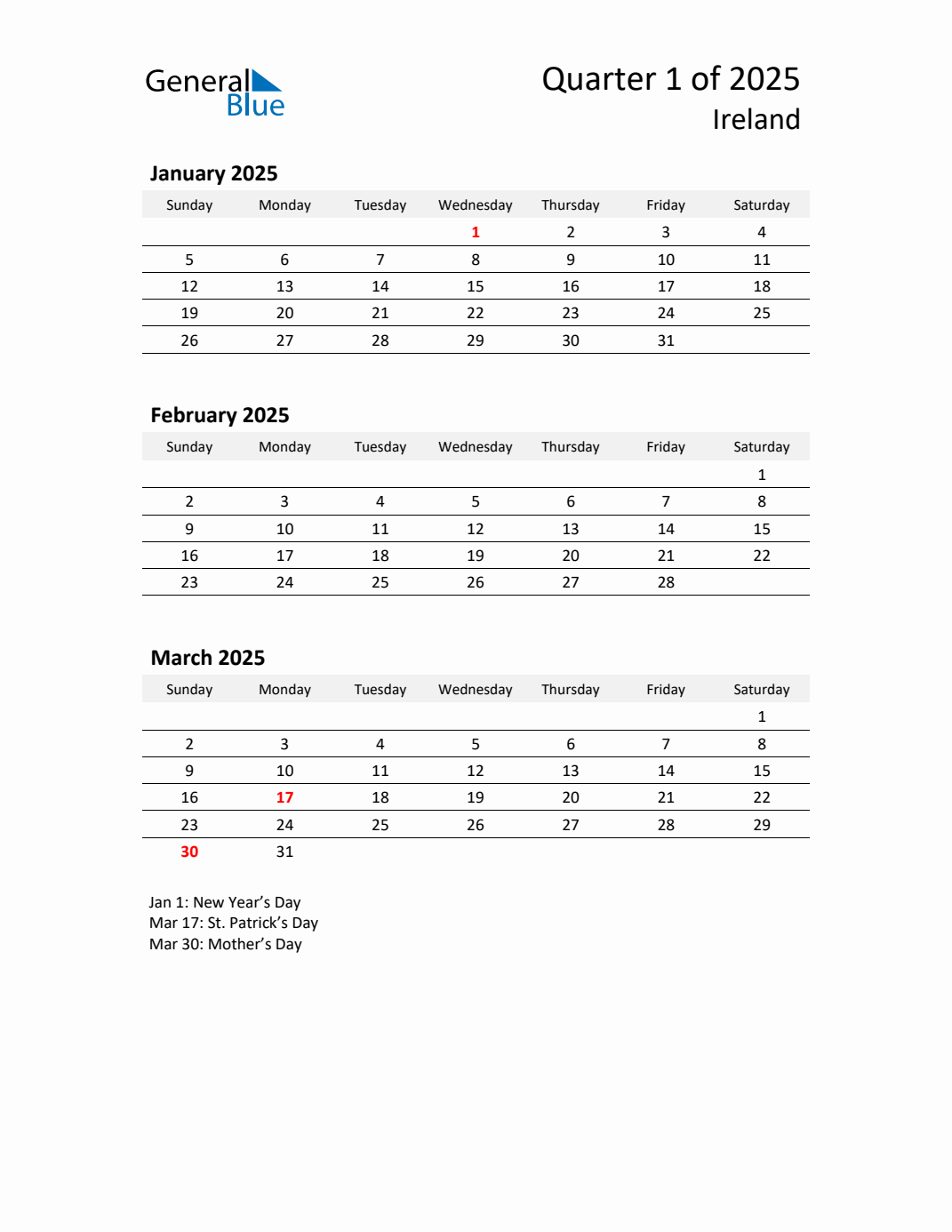 Q1 2025 Quarterly Calendar with Ireland Holidays