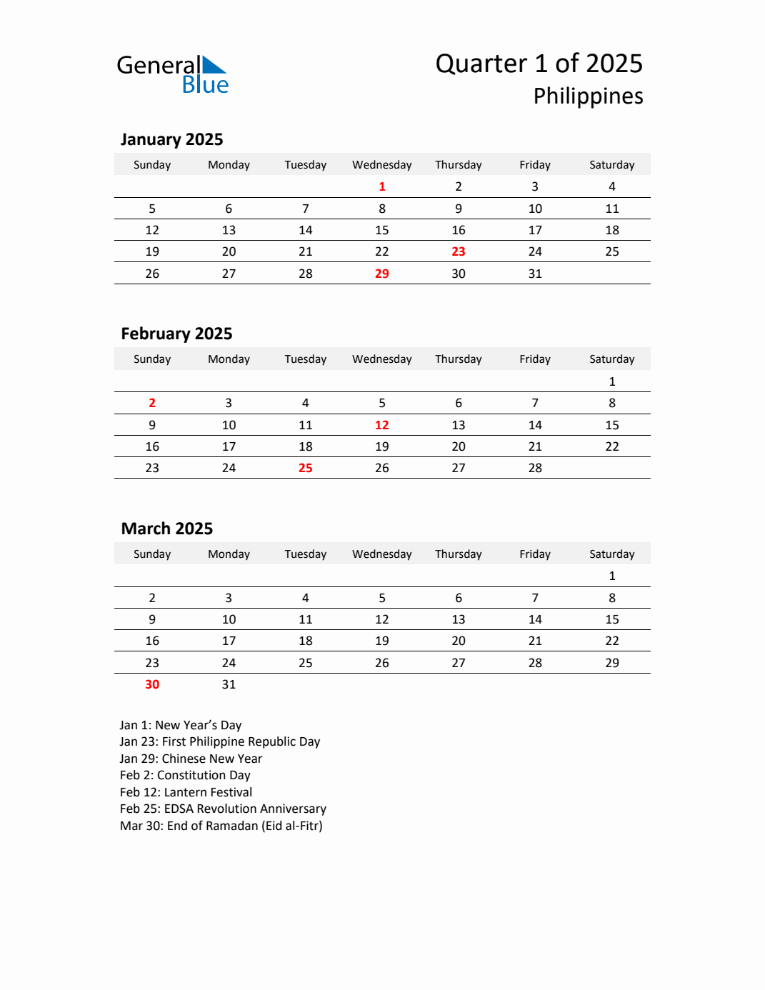 Q1 2025 Calendar Template