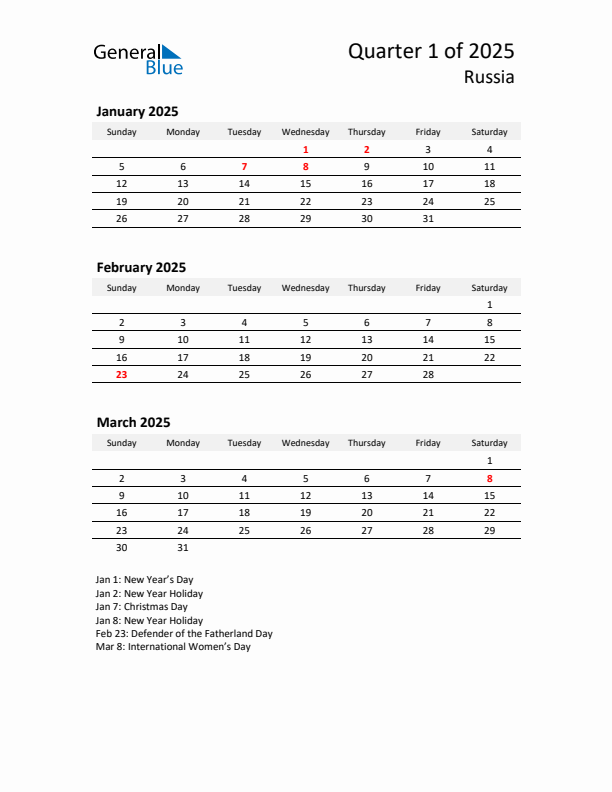Q1 2025 Quarterly Calendar with Russia Holidays