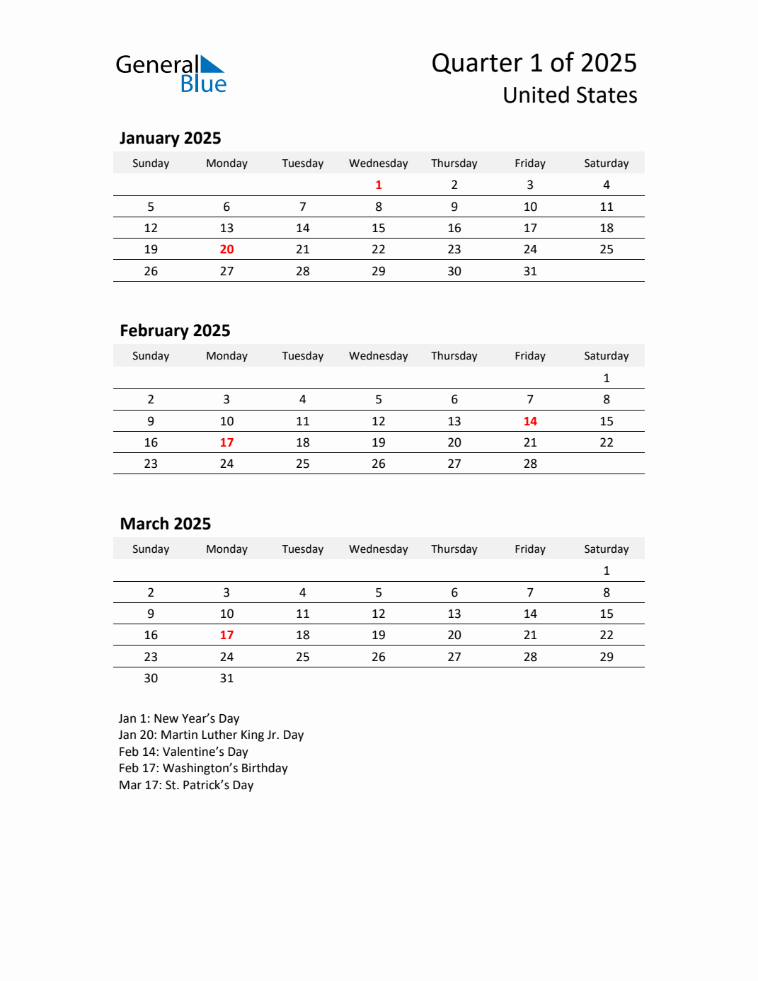 Q1 2025 Quarterly Calendar with United States Holidays (PDF, Excel, Word)