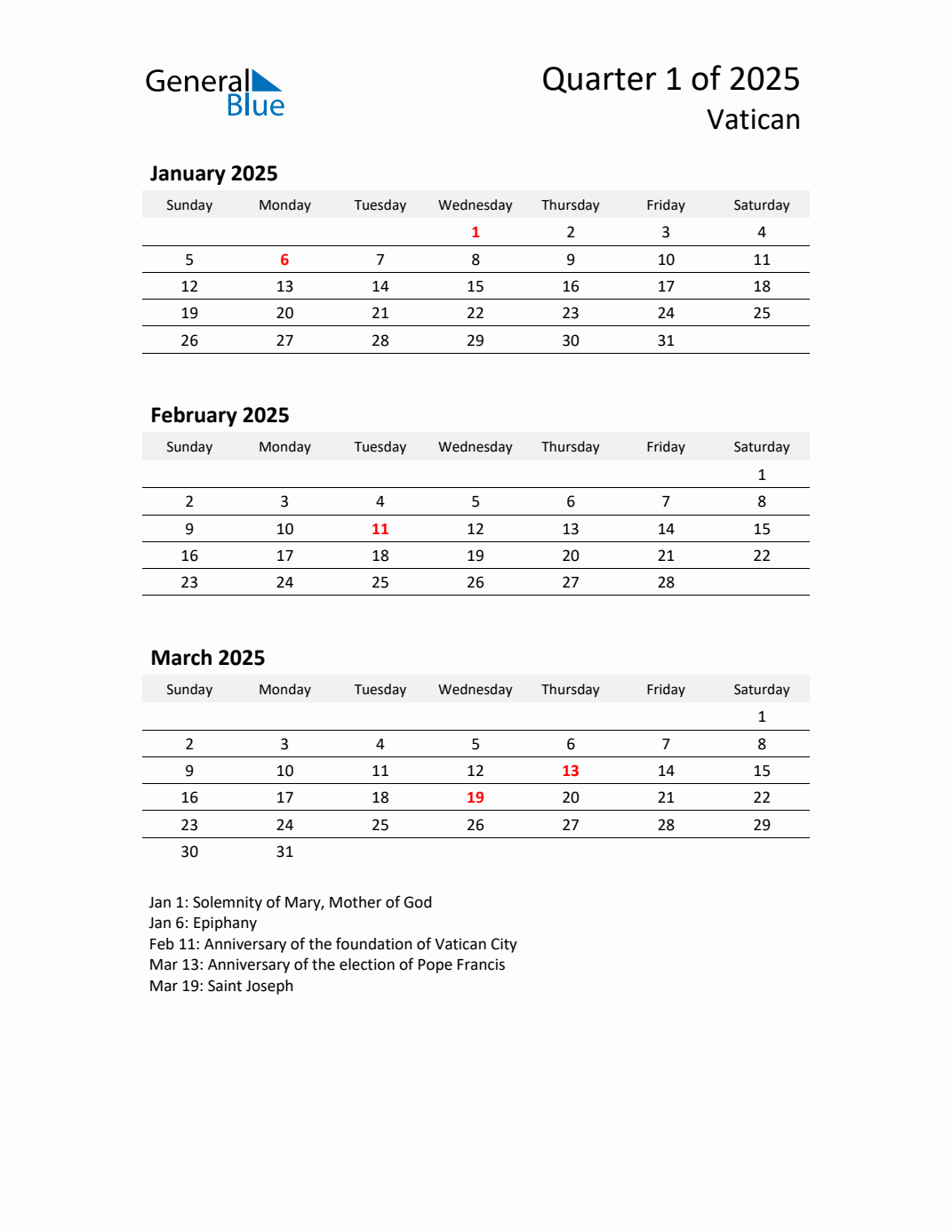 Q1 2025 Quarterly Calendar with Vatican Holidays