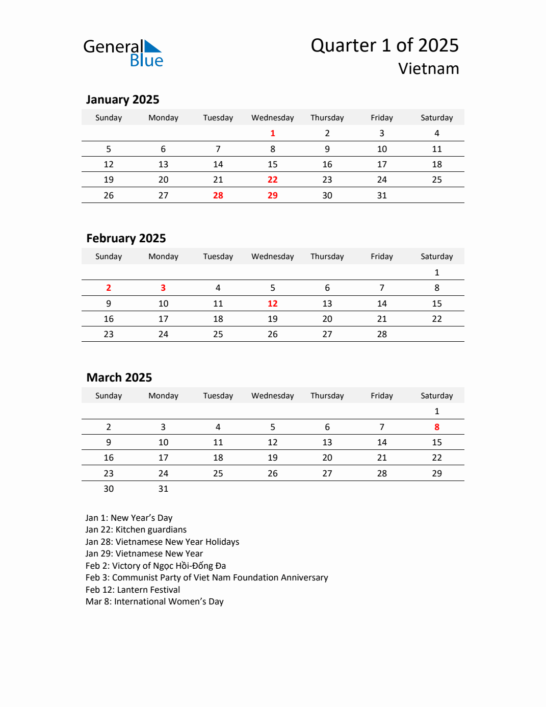 Q1 2025 Quarterly Calendar with Vietnam Holidays (PDF, Excel, Word)